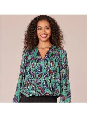Democracy Boho Green Tropical Leaf Print Long Sleeve V-Neck Blouse XS